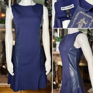 My Tribe Navy Blue A-Line Stretch Rayon Dress w/ Leather Sides & Trim, Sz XS & L